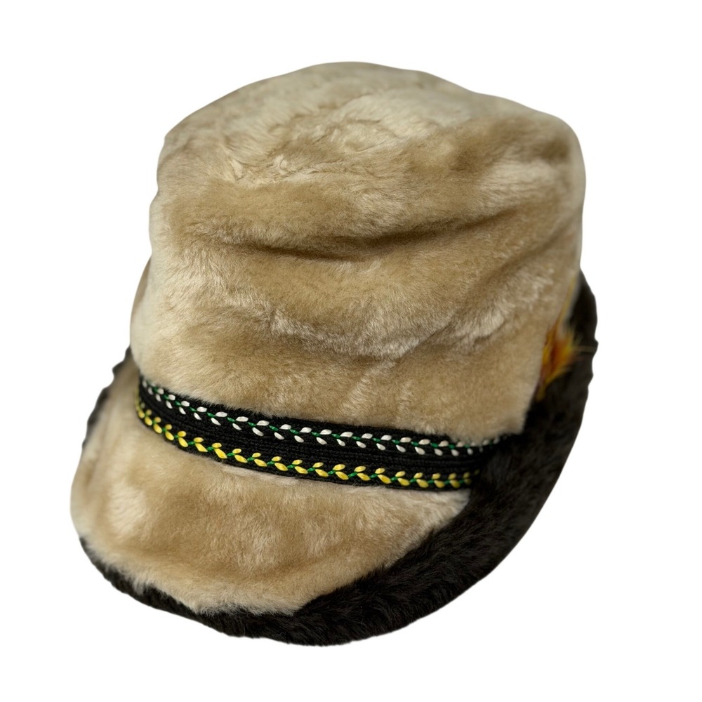 VTG Unbranded Faux Fur Cossack Hat Brown Tan Tyrolean Feather Trim Med‎ Mens Hat